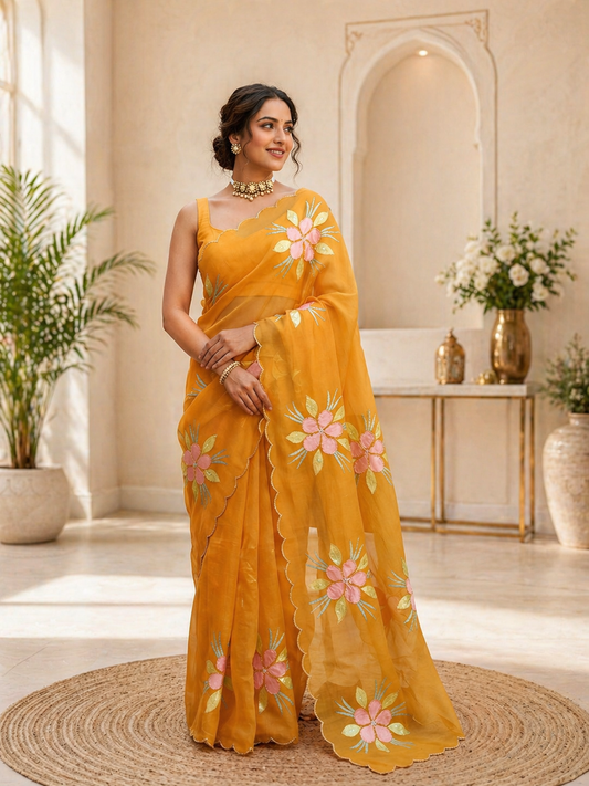 Pure Bari Chiffon Saree with Handwork & Floral Hand Print