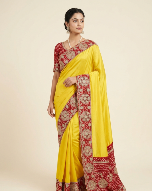 Traditional Silk Saree with Rich Red Woven Border – Festive & Wedding Wear (2 Colors)