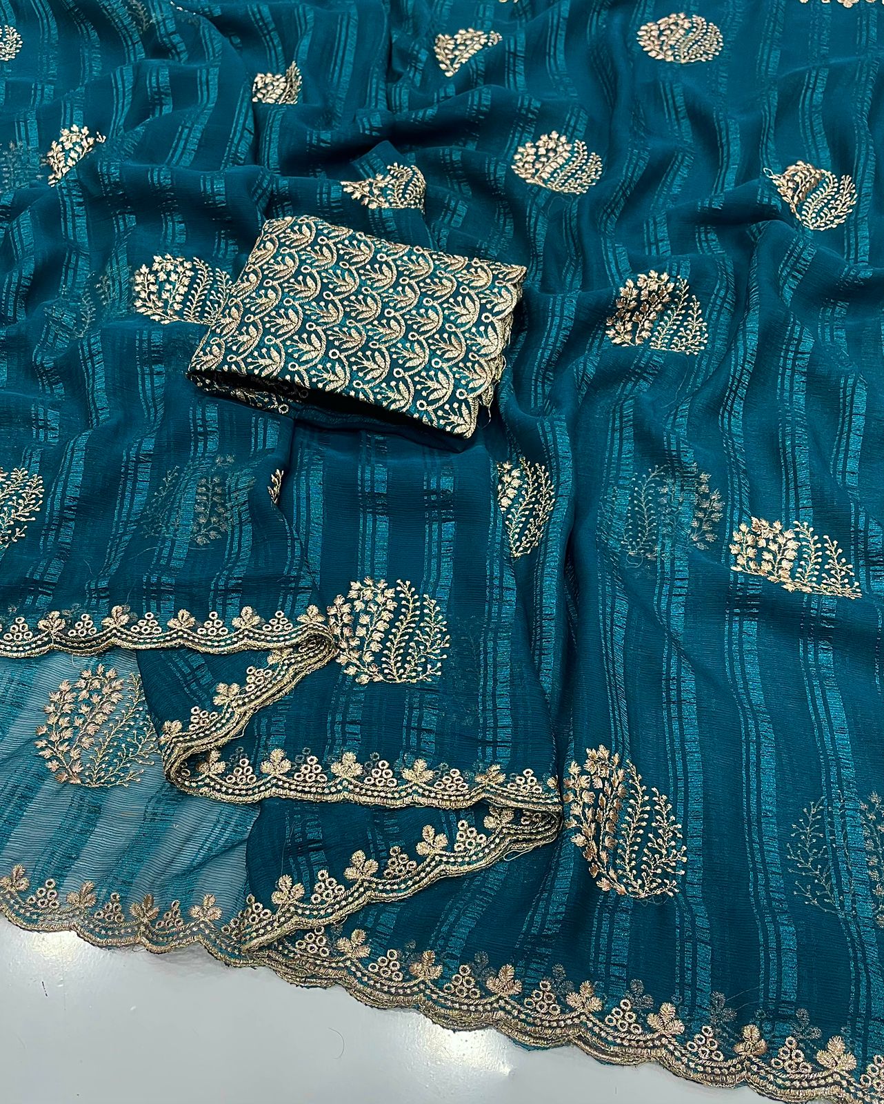 Pure Moss Georgette Embroidery Saree with Embroidered Blouse – Soft Lightweight Party Wear Saree