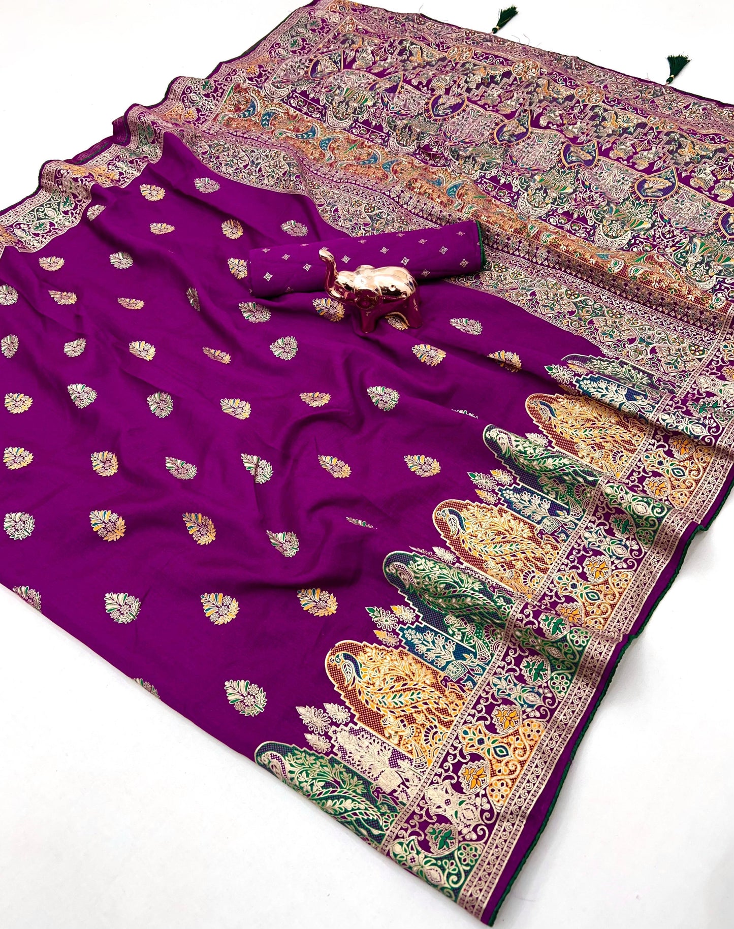 Pure Silk Meenakari Foil Print Designer Saree With Contrast Blouse