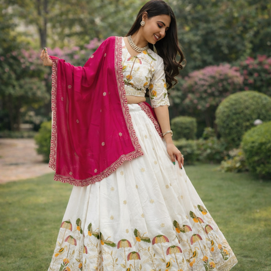 Women's Vichitra Silk Embroidered Lehenga Choli Set with Dupatta – Designer Festive Wear