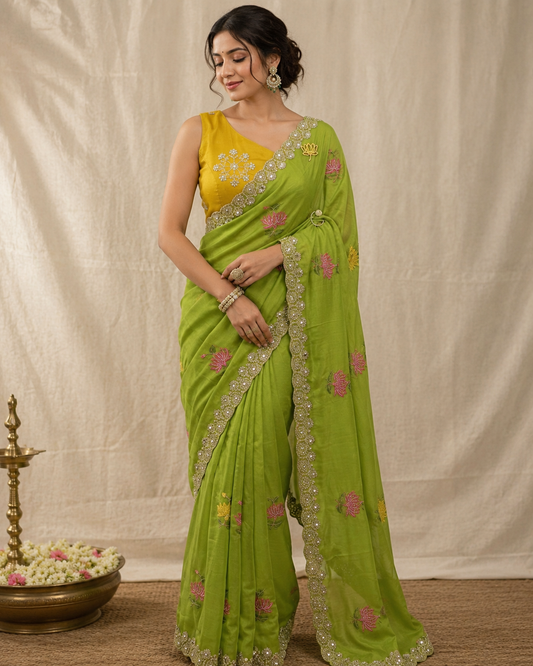 Designer Rangoli Silk Saree With Embroidery Work & Real Mirror Cutwork Border