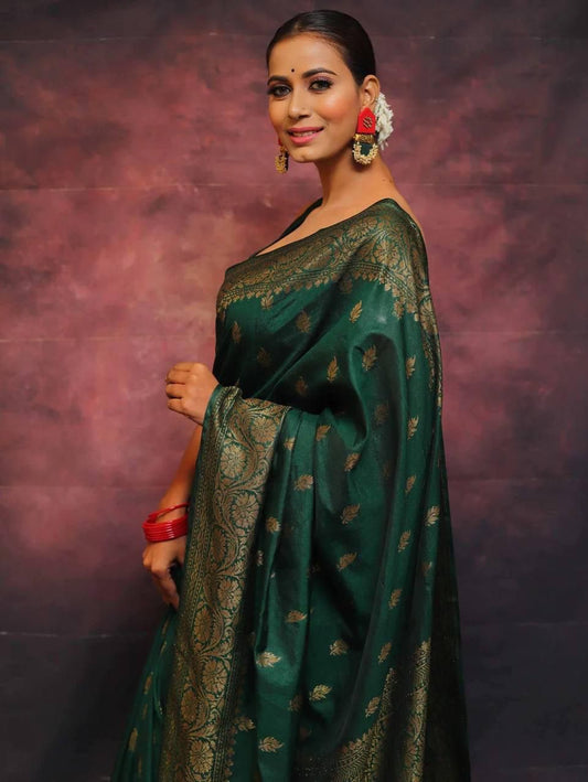 Dark Green Zari Work Saree