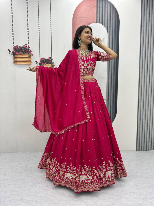 Festival Special Vichitra Silk Embroidered Lehenga Choli with Dupatta – Royal Blue & Rani Pink