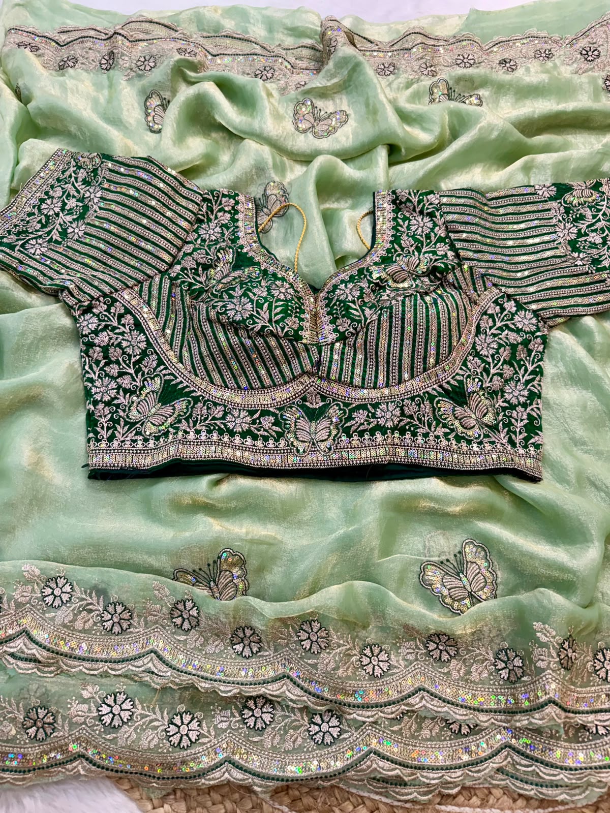 Sabyasachi Inspired Space Silk Saree with Butterfly Embroidery & Stitched Blouse