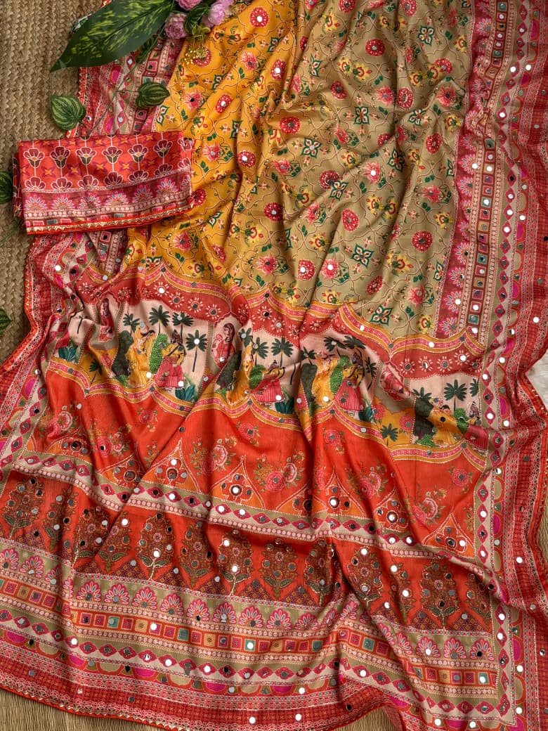 Karigari Soft Chinon Silk Digital Print Saree with Hand Aari Work & 2000+ Real Mirror Work