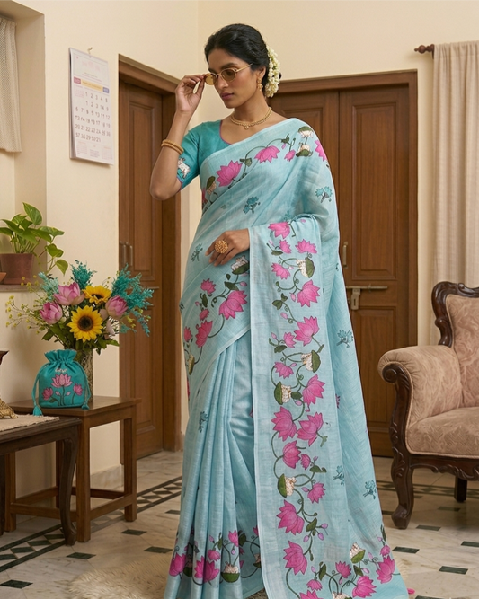 Premium Linen Cotton Floral Print Saree With Tassels & Blouse Piece | Soft Lightweight Daily Wear Saree