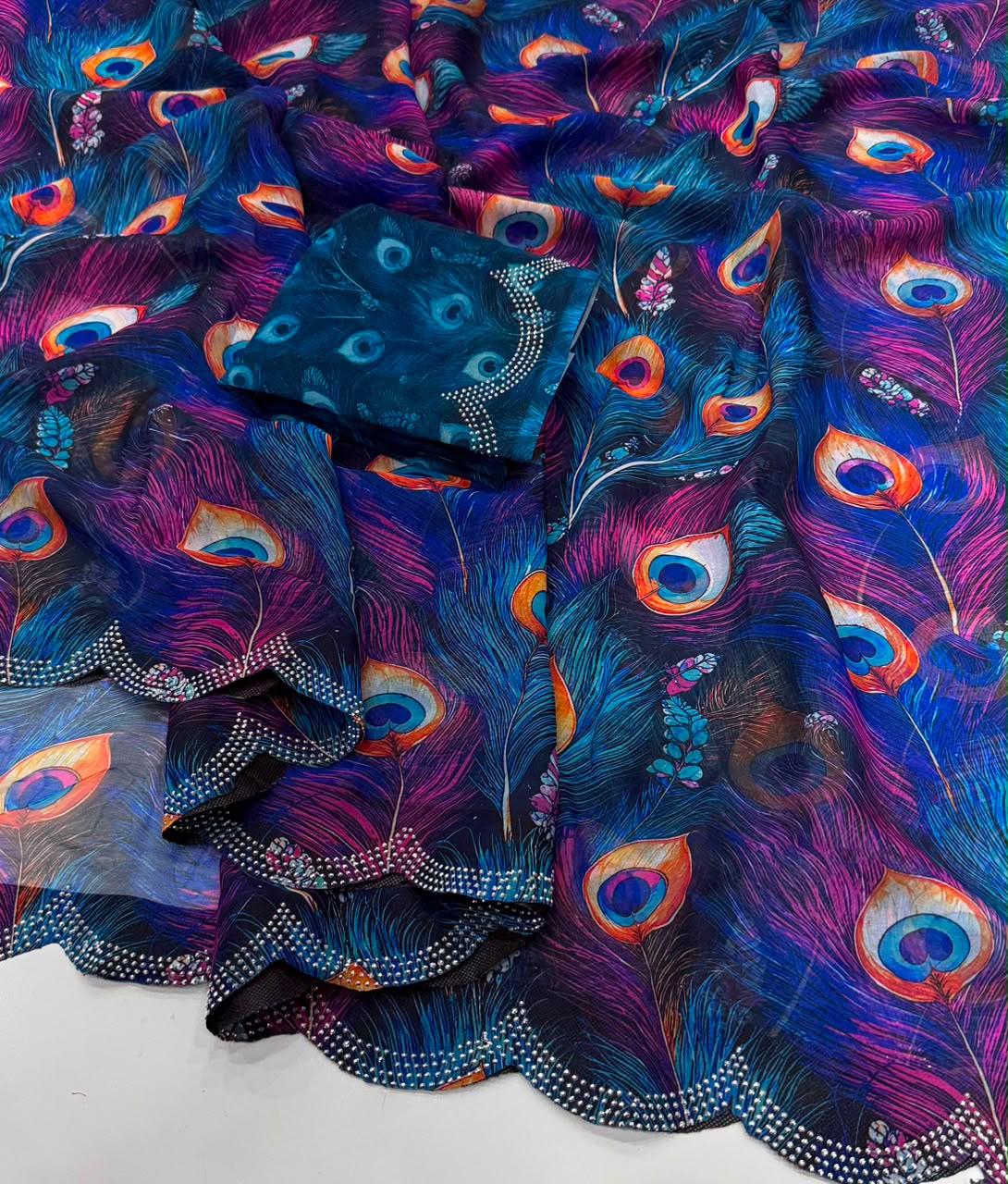 Soft Georgette Mosaic Digital Print Saree with Swarovski Scalloped Border