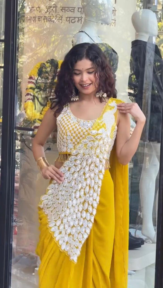 Ready to Wear Embroidered Georgette Saree with Designer Blouse – Teal Green, Mustard Yellow, Rani Pink