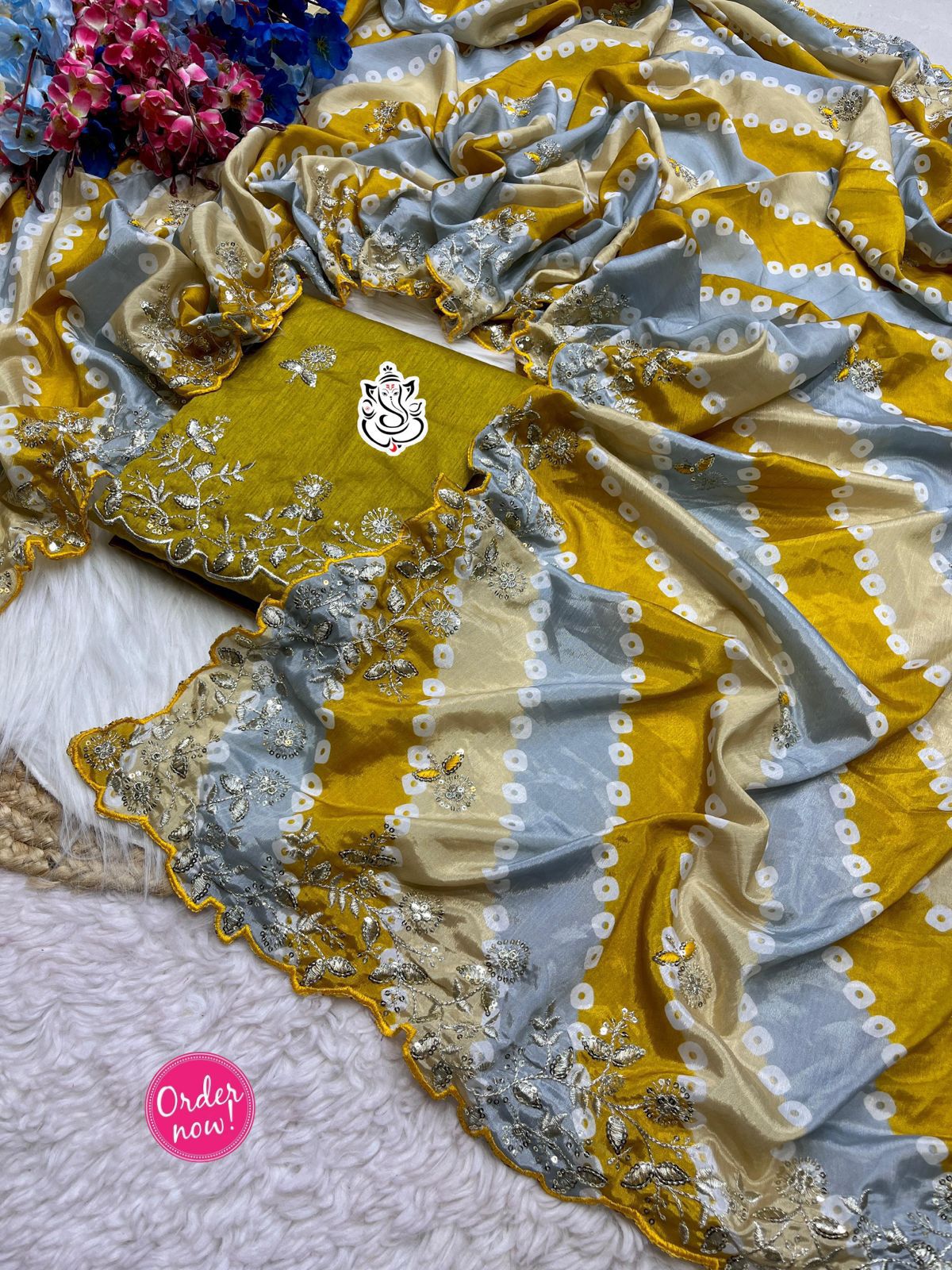 Designer Bandhej Print Silk Saree with Heavy Embroidered Floral Border