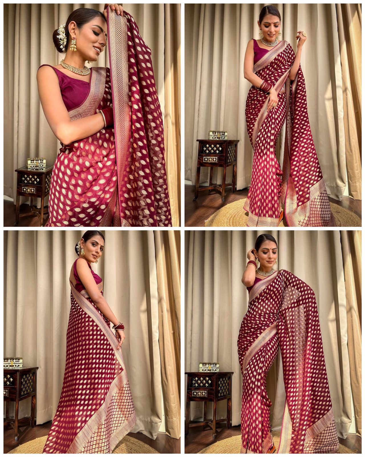 Maroon Gold Buti Saree