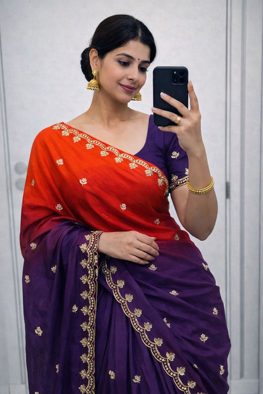 Double Shade Chinnon Saree with Embroidery & Moti Work Designer Border