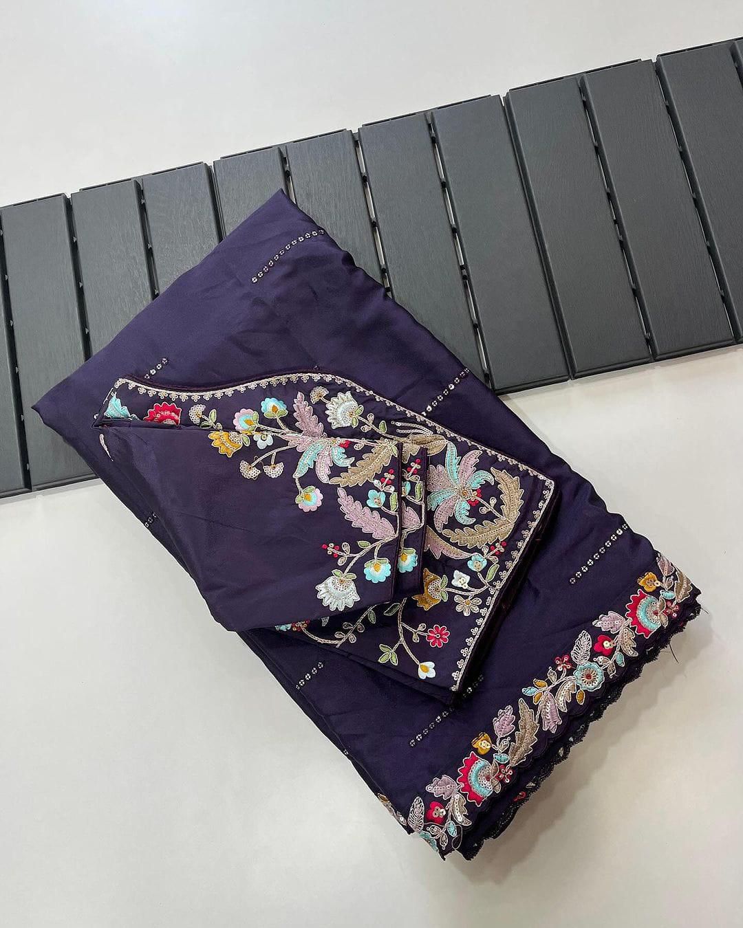 Rangoli Silk Embroidery Saree with Sequence Work & Designer Cut Work Border