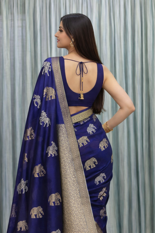 Royal Blue Elephant Motif Jacquard Saree