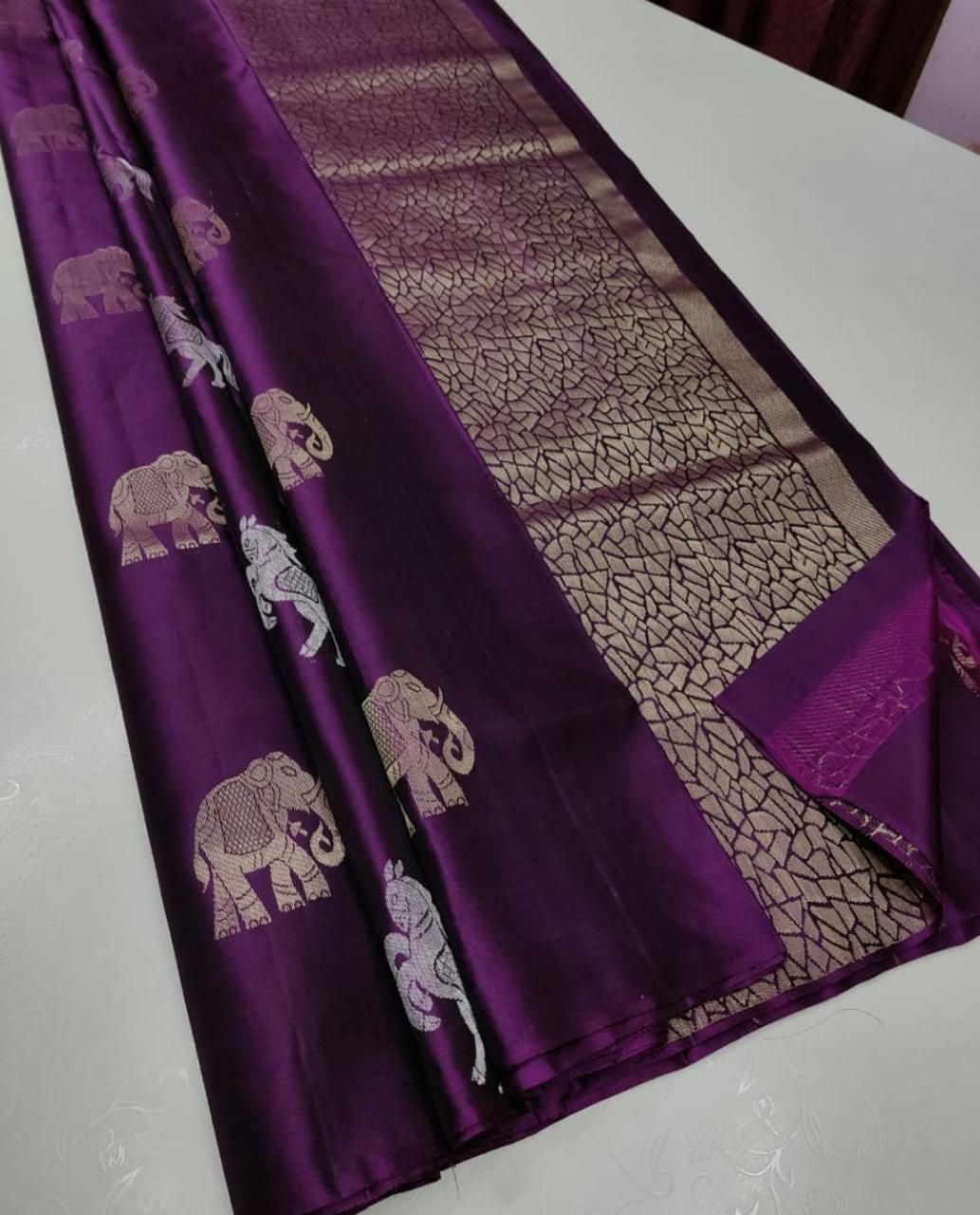 Purple Elephant Motif Jacquard Saree