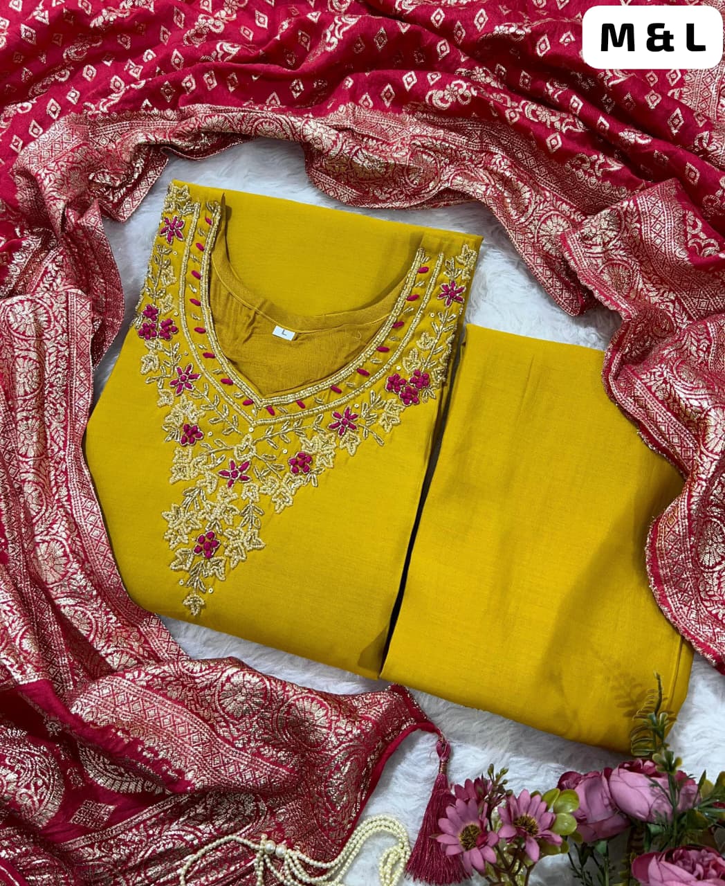 Designer Roman Silk Kurti Pant Set with Heavy Jacquard Dupatta – Festive Wear (Yellow & Red)