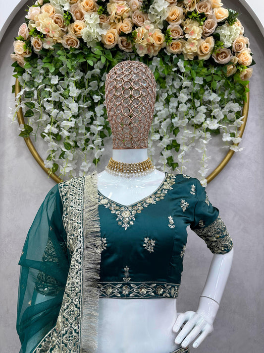 Premium Japan Satin Embroidered Lehenga Choli with Net Dupatta (Semi-Stitched)