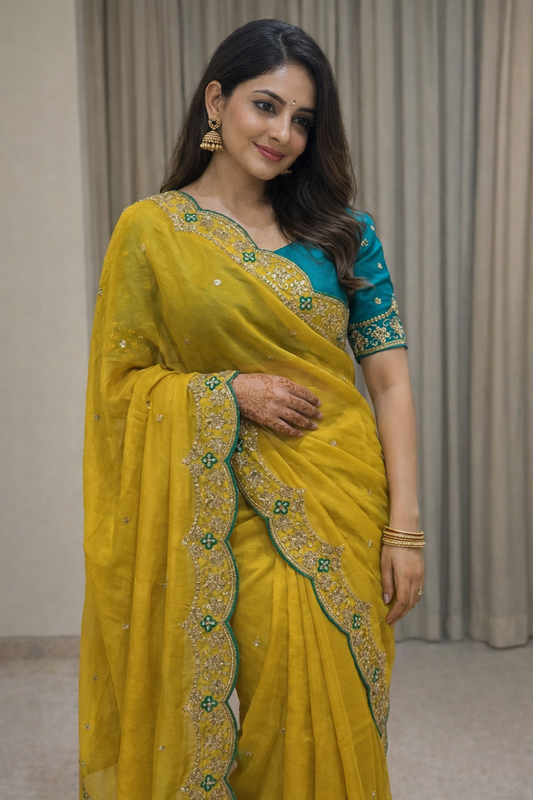 Soft Rangoli Silk Saree with Zari Embroidery Work & Contrast Blouse
