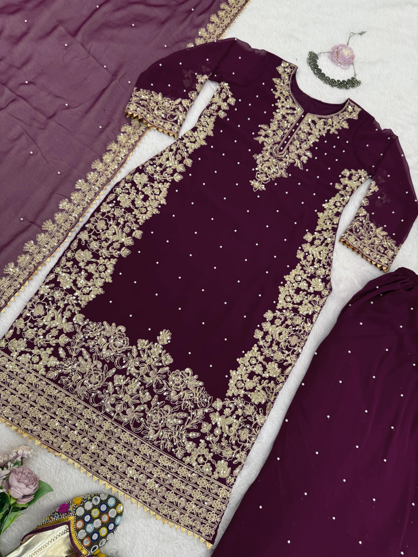 Premium Faux Georgette Embroidered Kurta Plazzo Set with Dupatta | Festive & Party Wear | 3 Colours
