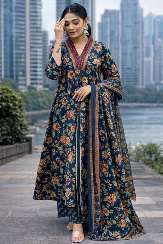 Premium Cotton Blend A-Line Printed Suit Set with Dupatta (Top, Bottom & Dupatta)