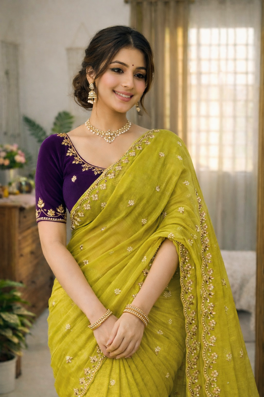Moss Chiffon Saree with Zari Embroidery Handwork & Cut Work Border
