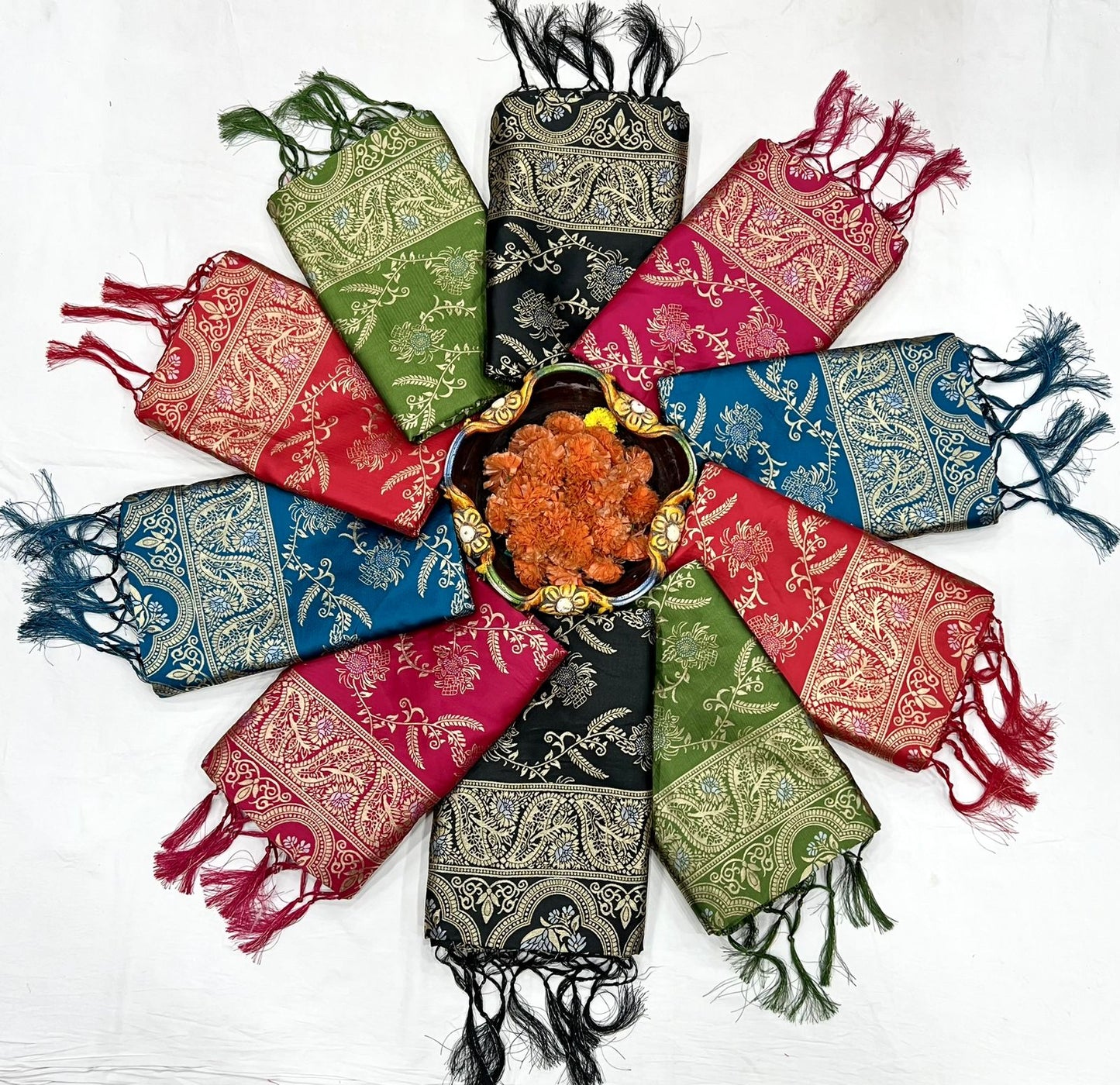 Olive Green Floral Woven Saree