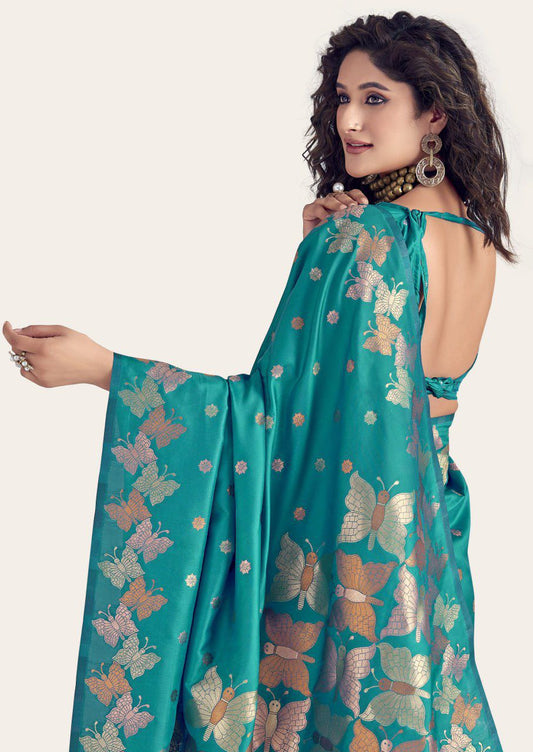 Teal Green Butterfly Printed Silk Look Saree