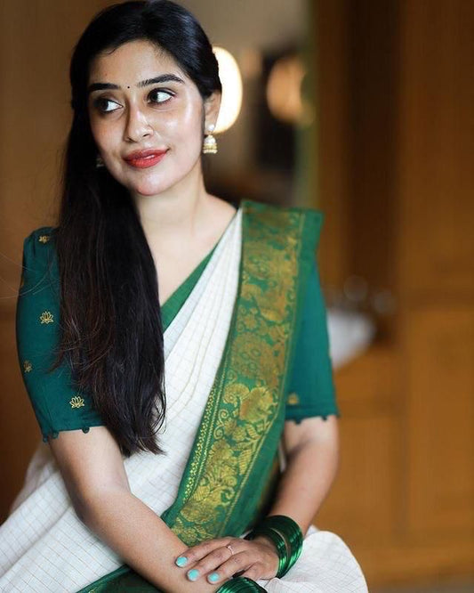Off White Saree with Green Traditional Border