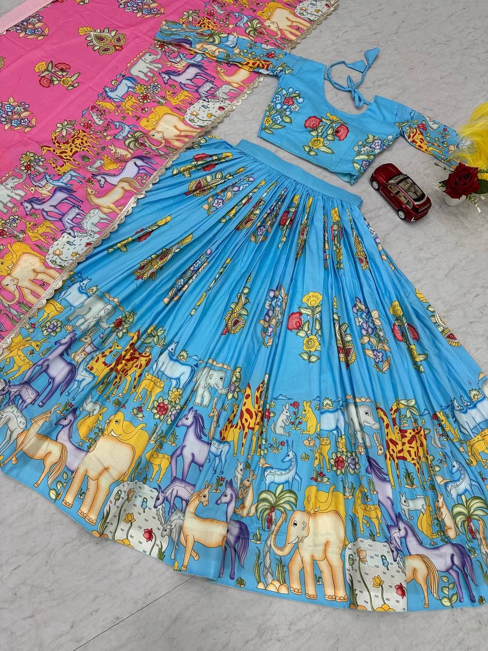 Kalamkari Print Cotton Lehenga Choli with Dupatta