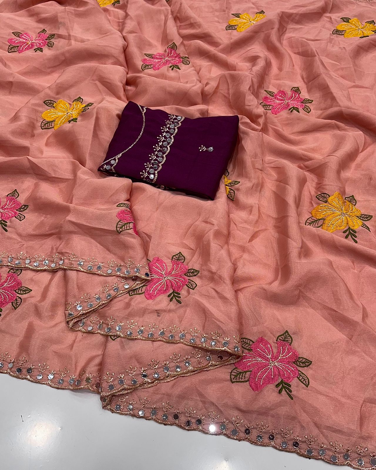 Chinon Silk Embroidery Saree