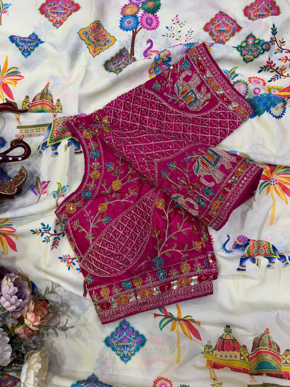 Printed Chinnon Silk Saree with Sequins Embroidery & Banglori Blouse
