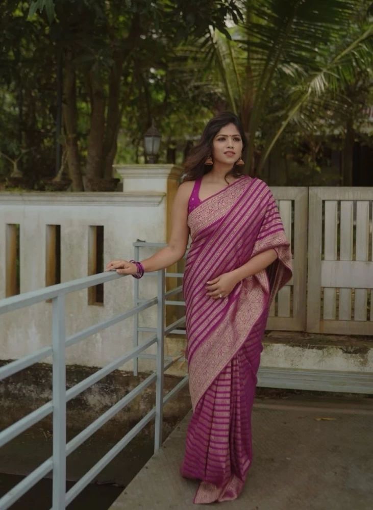 Purple Striped Zari Work Saree