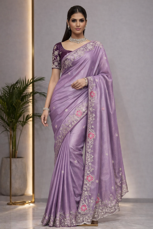 Blooming Chocolate Silk Embroidery Designer Saree With Unstitched Blouse