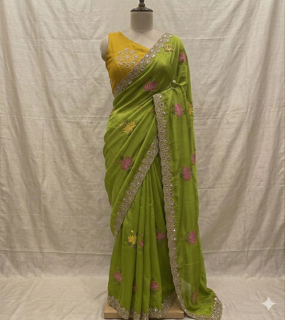 Designer Rangoli Silk Saree With Embroidery Work & Real Mirror Cutwork Border