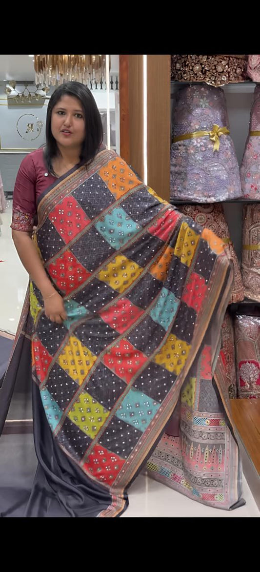 Yellow Mirror Chinon Saree with Digital Print & Mirror Work