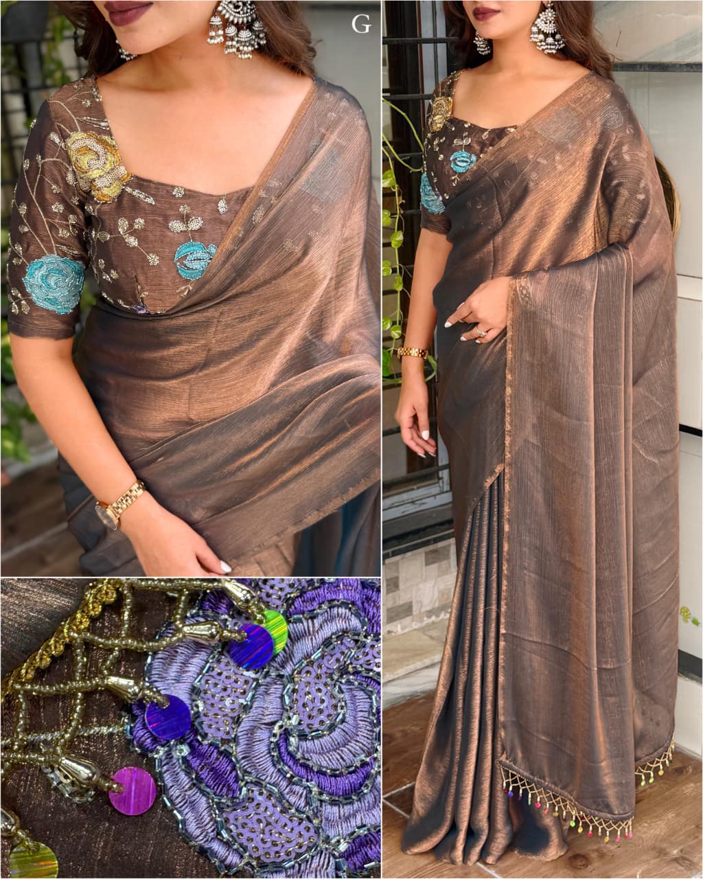 Genz Beauty Fandy Chiffon Saree with Heavy Sequins Embroidered Blouse
