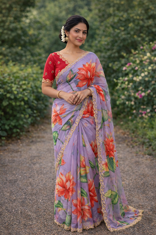 Pure Soft Teby Silk Floral Print Saree with Khatli Moti Border & Designer Blouse