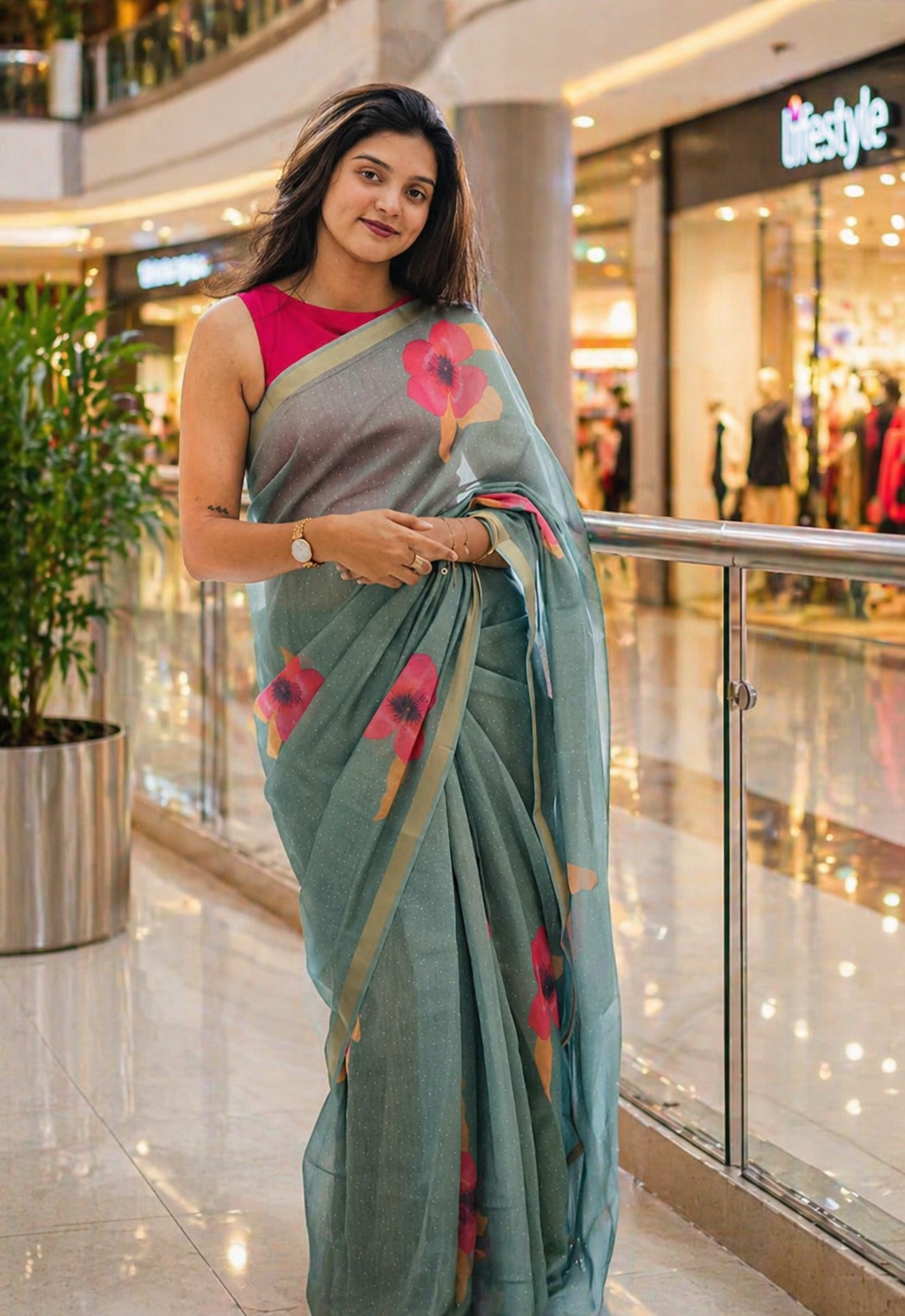 Flower Linen Saree – Soft Lightweight Floral Printed Designer Saree with Blouse