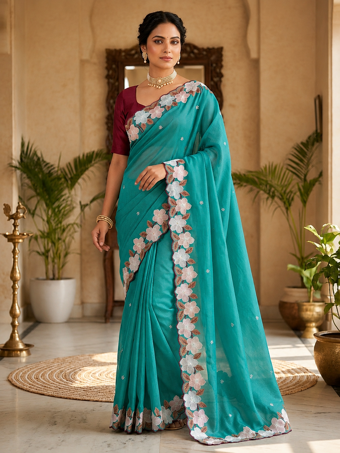 SASHA Kota Doriya Embroidered Saree with Contrast Blouse