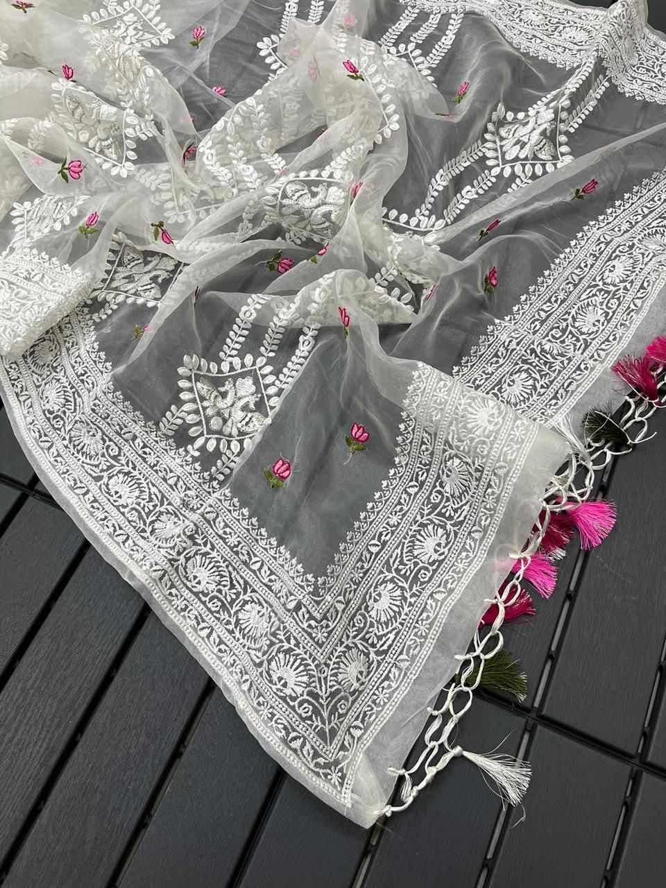 Pure Soft Organza Silk Saree with Lucknowi Embroidery & Silver Zari Work