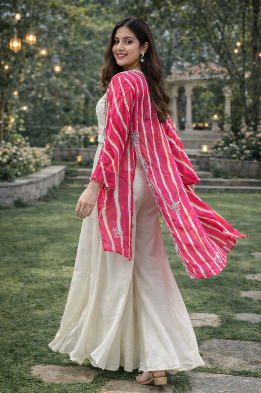 Women Chinon Plazzo Set with Embroidered Blouse & Digital Print Georgette Shrug