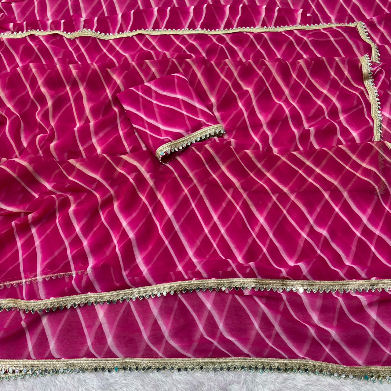 Georgette Leheriya Saree with Mirror Lace Border & Unstitched Blouse | Designer Party Wear Saree