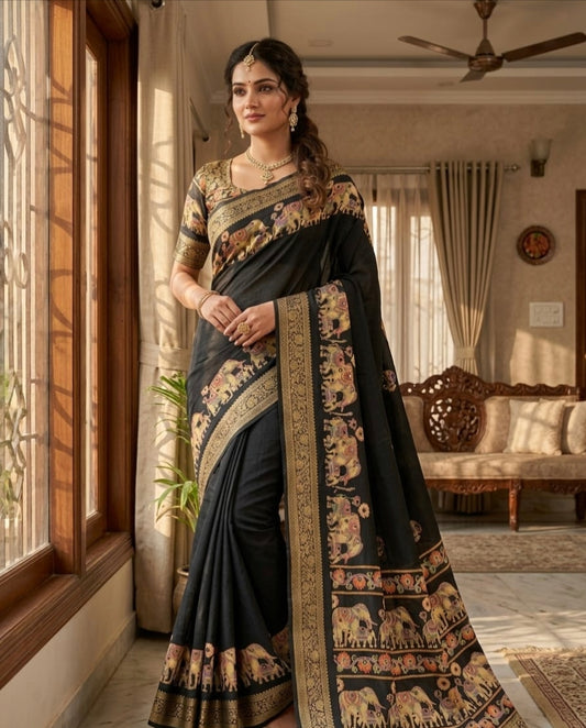 Royal Elephant Border Pure Marsh Mellow Silk Saree With Aari Mirror Work