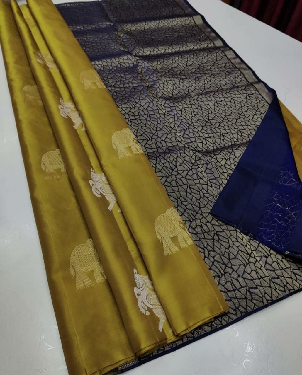 Mustard Blue Elephant Saree