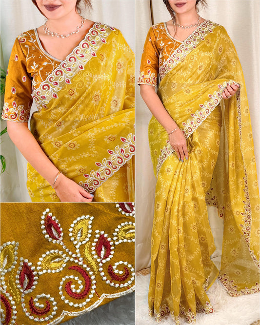 Barfi Cotton Satin Embroidered Saree with Designer Blouse