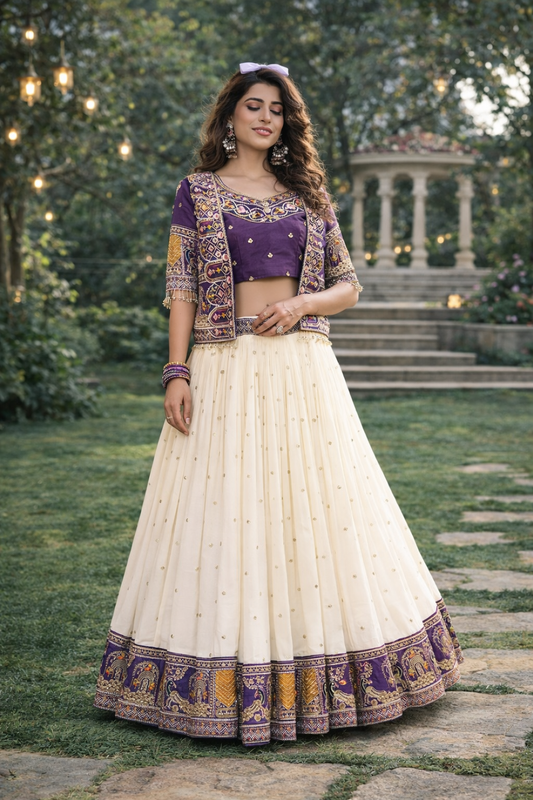 Designer Festival Lehenga Choli with Embroidered Koti – Pure Vichitra Fabric