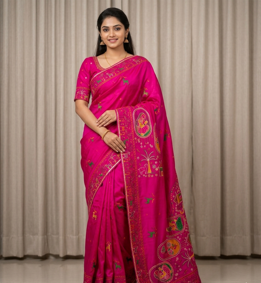 Traditional Elephant Print Silk Saree with Rich Ethnic Border