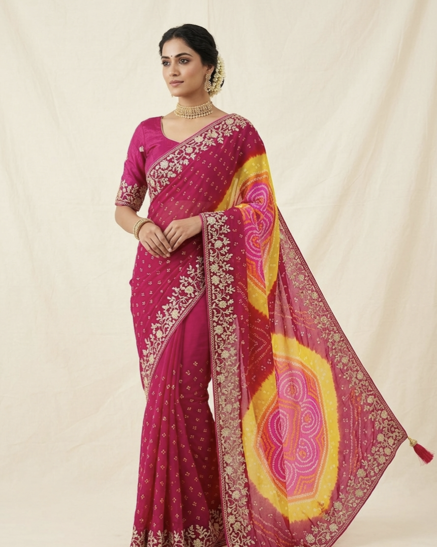 Designer Bandhani Tie-Dye Saree with Heavy Embroidered Border β Festive Wear Collection