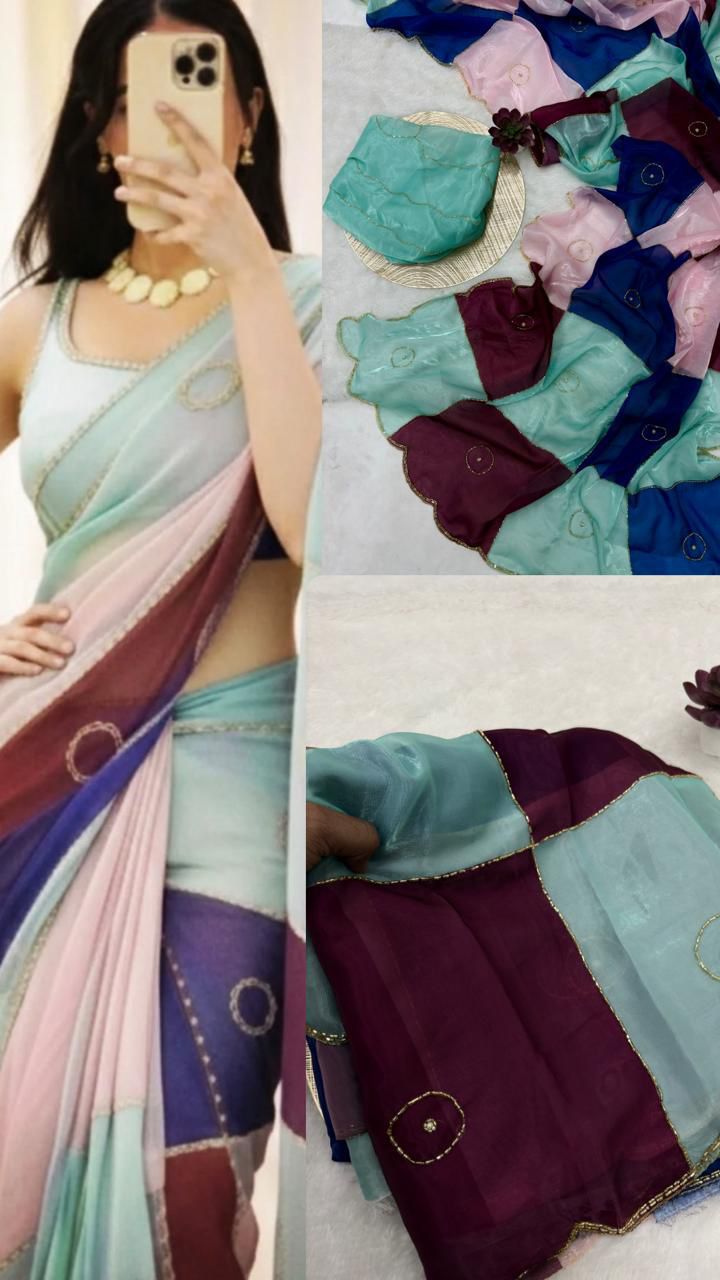 Multi Color Space Silk Handwork Saree