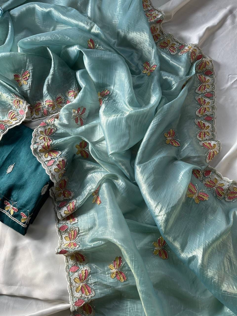 Radha Butterfly Motif Embroidered Crushed Organza Saree